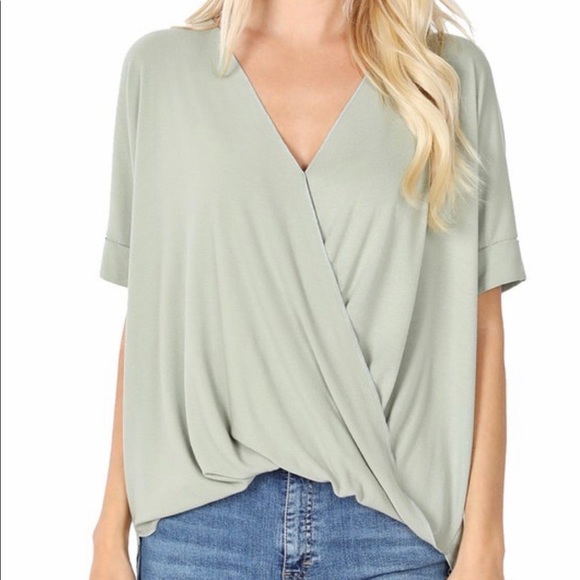 Zenana Outfitters Tops - Draped, short sleeve top in sage